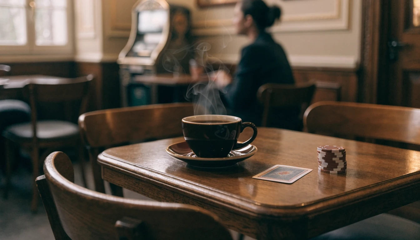 Gemütliche Wiener Café‑Szene mit Kaffee, Spielkarten und Chips