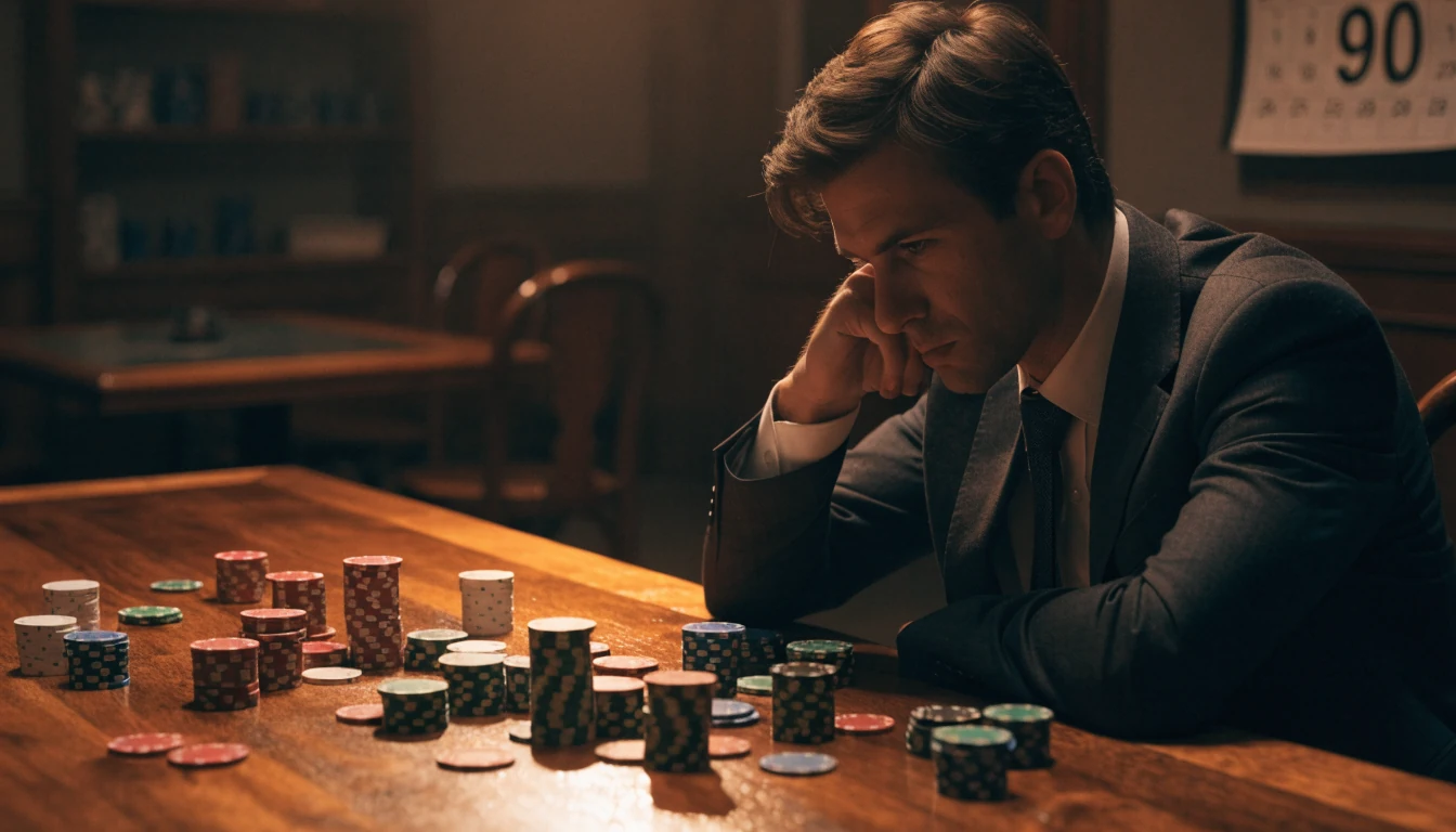 Gemütliches österreichisches Casino mit Spielchips und dezenter 90‑Tage‑Hinweis.