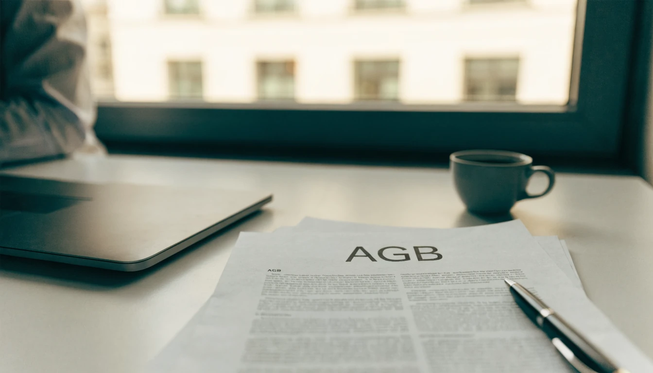 Realistisches Foto eines Schreibtisches mit AGB-Dokumenten und Laptop.