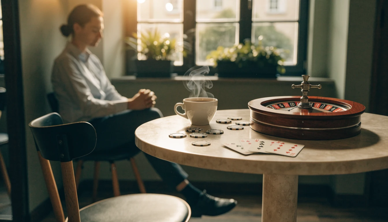 Gemütliches Café mit Spielchips, Karten und Roulette, warmes Licht