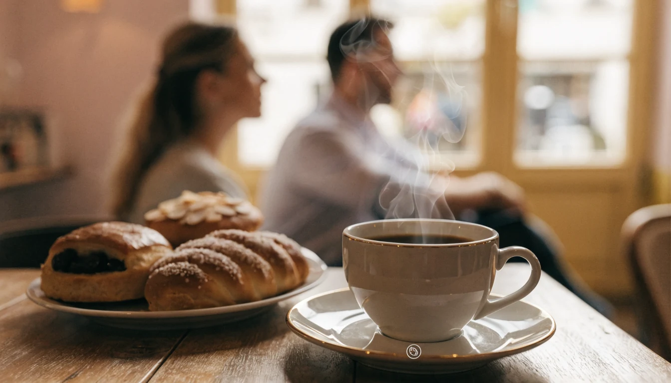 Gemütliches Wiener Café mit Kaffee, Gebäck und dezentem Cookie‑Symbol.