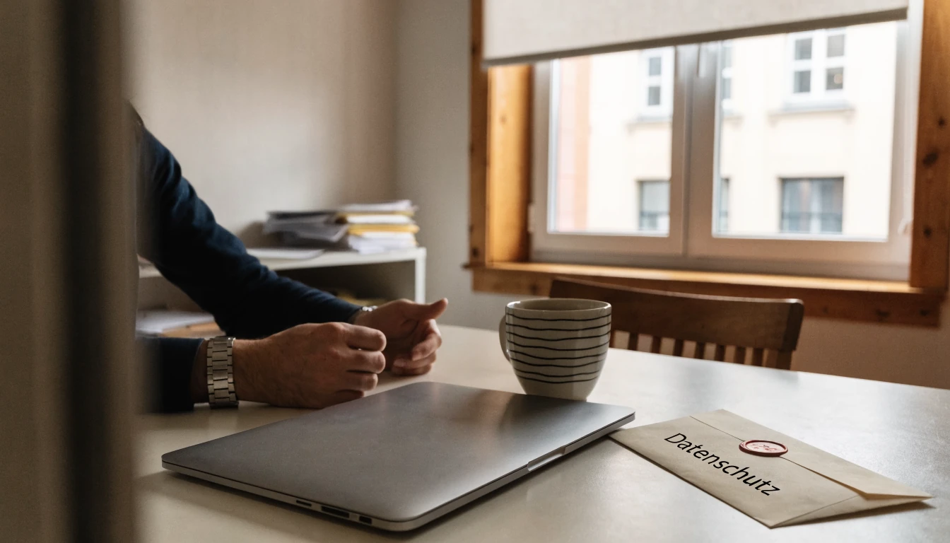 Büroarbeitsplatz mit Laptop, Brief und Kaffee, vertrauensvoll