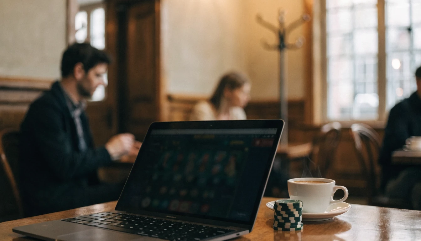 Realistisches Foto eines Wiener Cafés mit Laptop und Spielchips.
