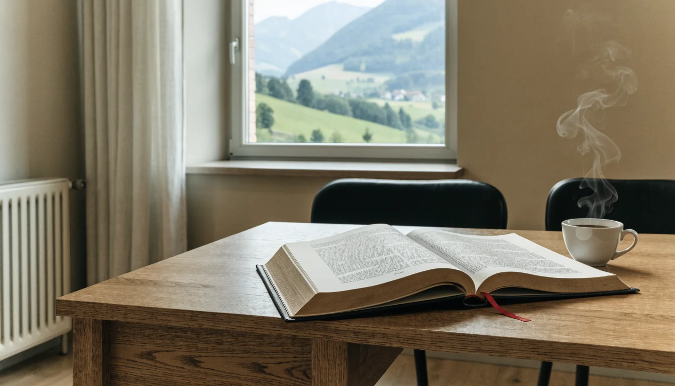 Ein aufgeräumtes österreichisches Büro mit Rechtsbuch und Kaffee.