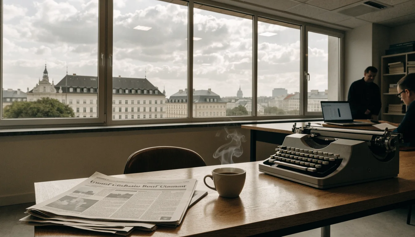 Ein realistisches Foto eines österreichischen Redaktionsraums mit Schreibtisch, Kaffee und Fenstern.