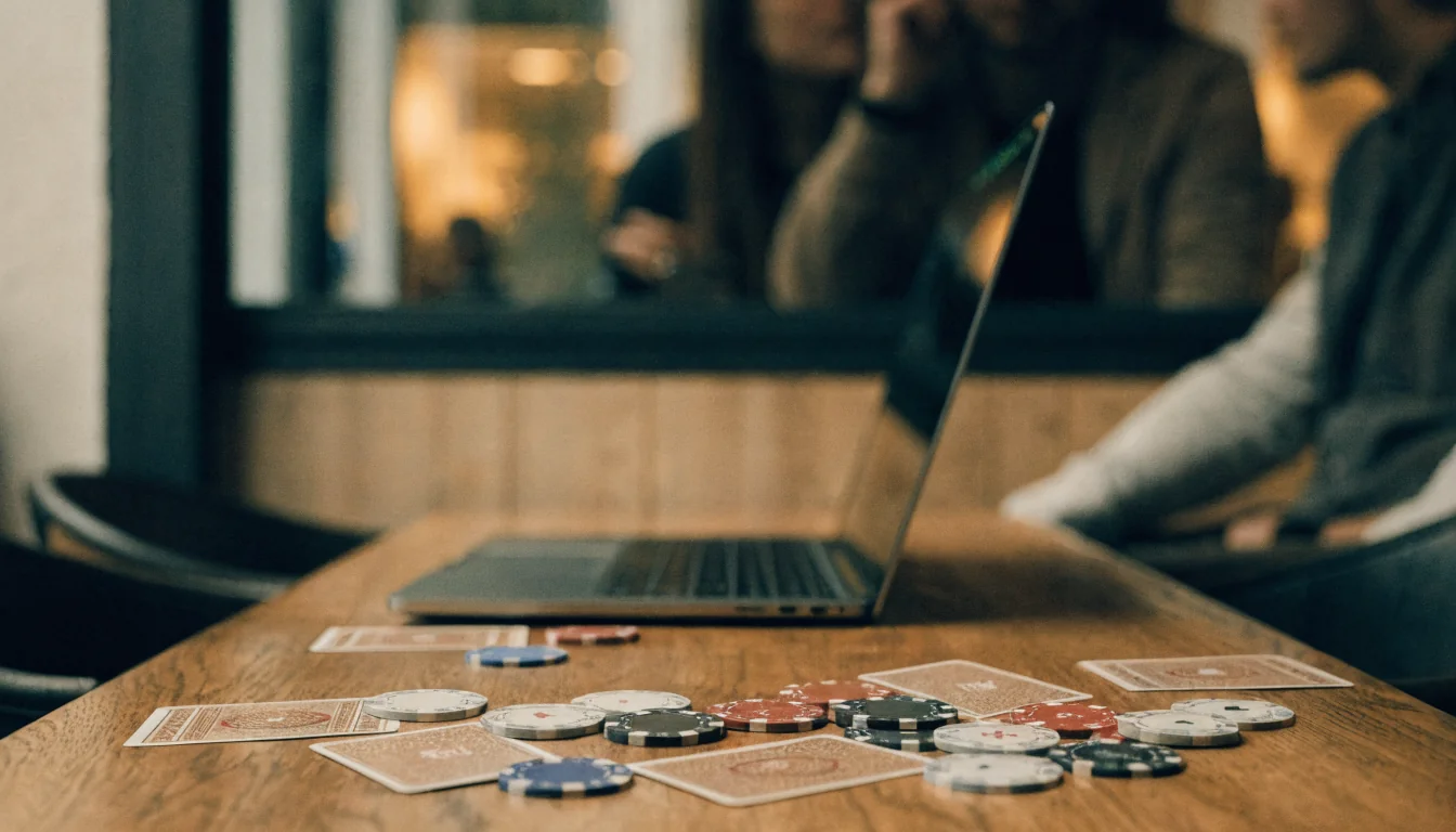 Laptop auf Tisch, Pokerchips und Karten in Café, warme Beleuchtung