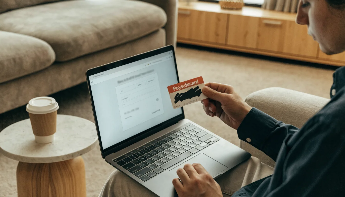 Person verwendet Paysafecard auf Laptop in gemütlichem Wohnzimmer