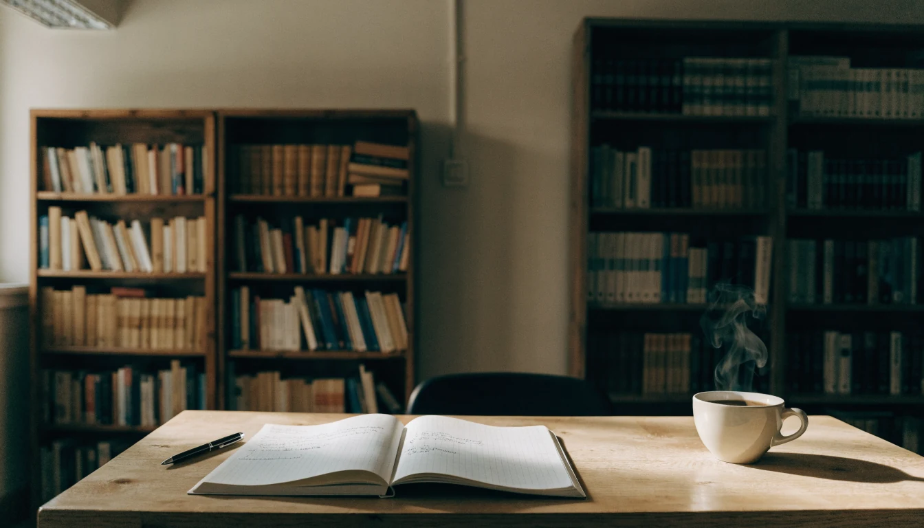 Redaktionelles Büro in Wien mit Notizbuch und Kaffee.
